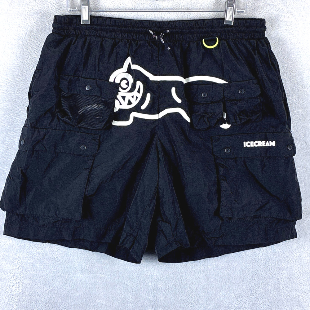 Icecream Cargo Shorts Mens XL Black Nylon Pockets Graffiti Drawstring Streetwear